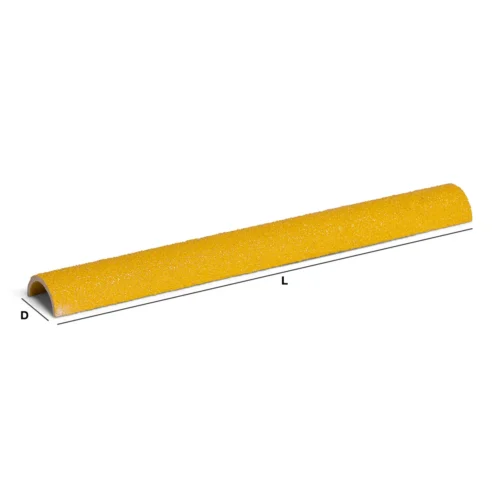 Gul halvrund stigesikring i glasfiber fra Real Safety med målangivelse for diameter (D) og længde (L), til runde stigetrin